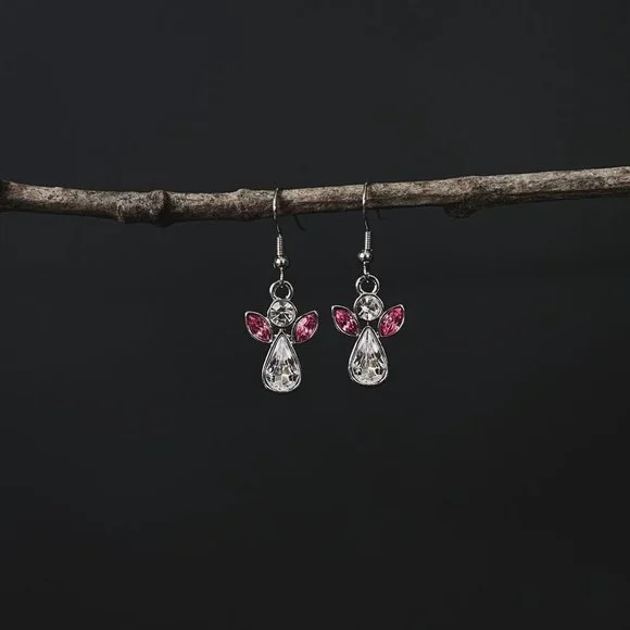 Dainty Silver Angel Crystal Rhinestone Pink Wings October Birthstone Earrings - Picture 5 of 7